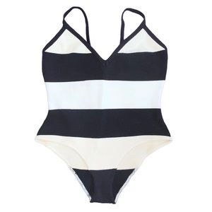 AUTH VTG 90s Chanel Black White Stripe Cotton V Neck Bodysuit Swimsuit